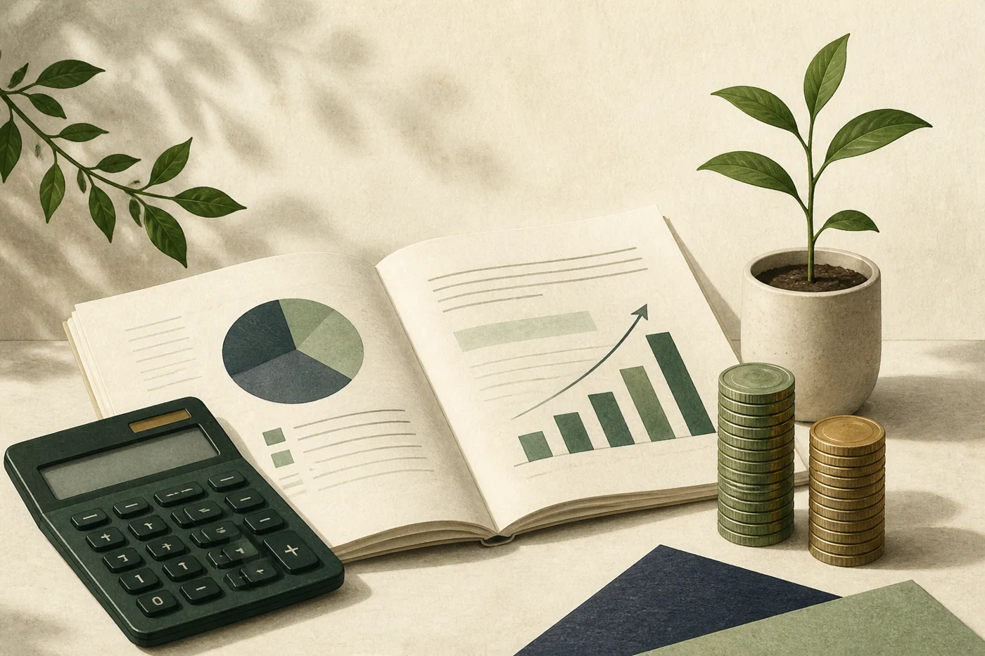 Illustration of retirement planning documents, a calculator, and matching coin stacks
